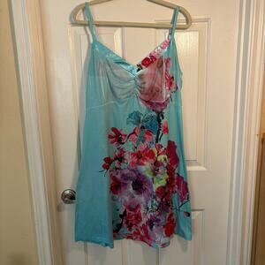OneWorld Sleep Nightgown XL Aqua Blue‎ Floral Print Slip Dress Pajama Chemise